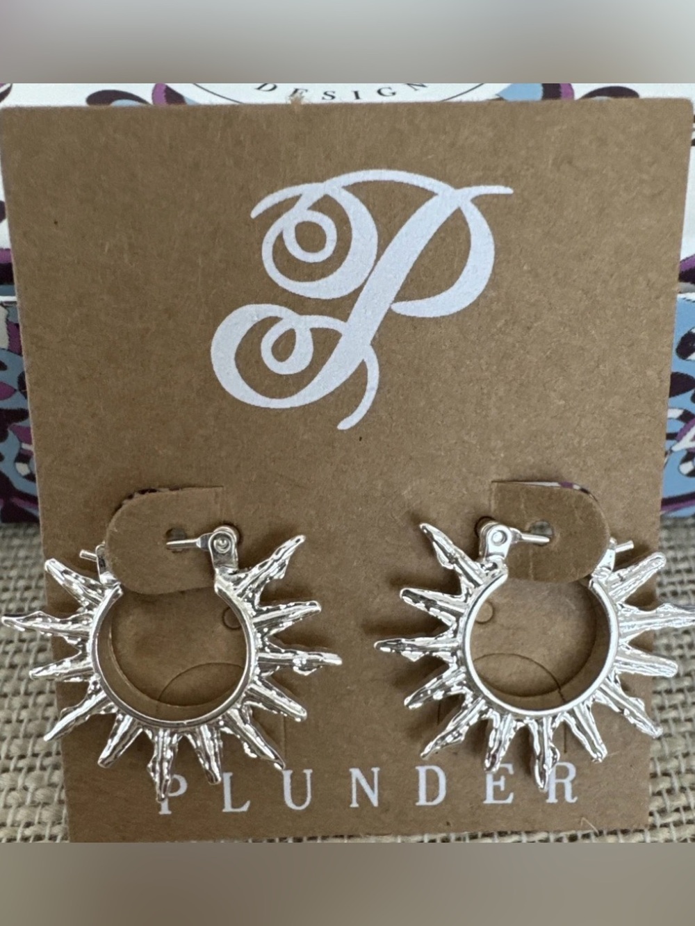 Plunder Design Sol Silver Sunburst Hoop Earrings.